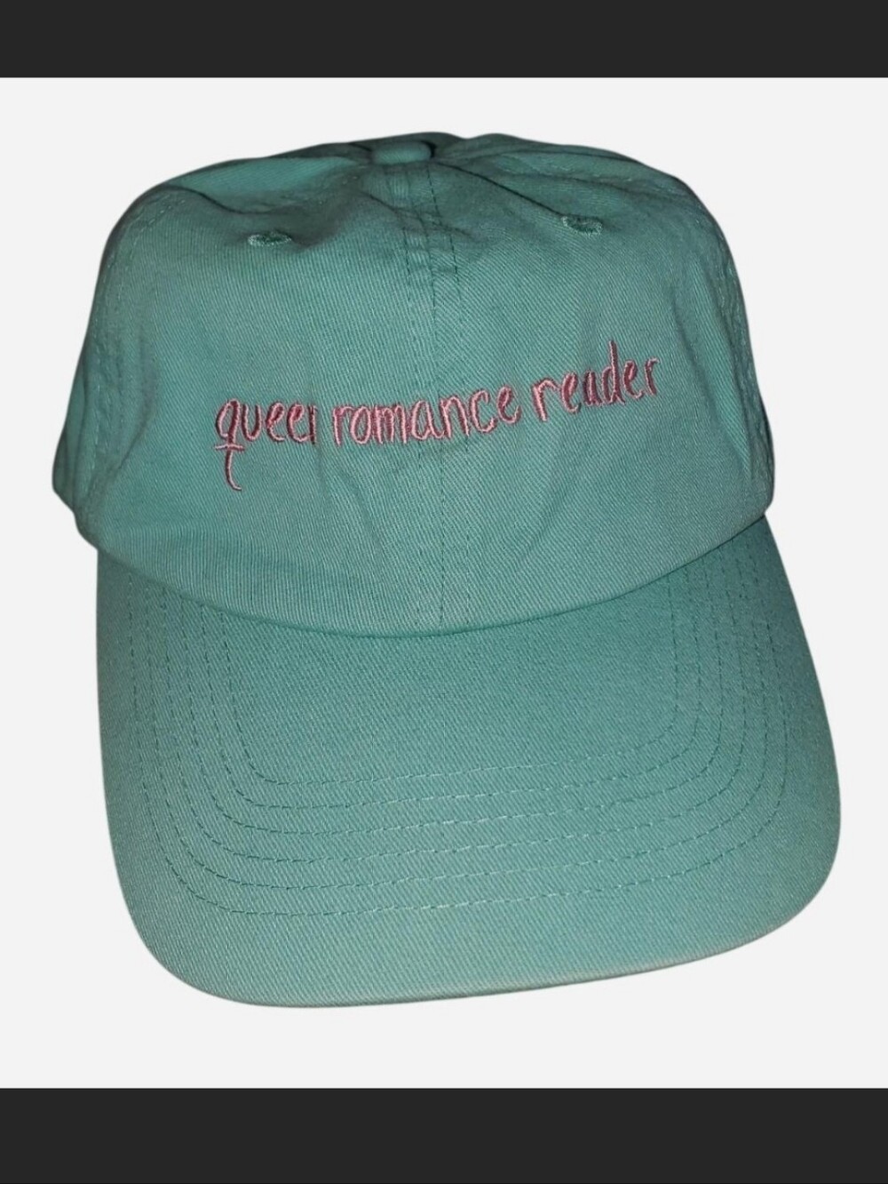Blue Green Hat with Pink Embroidered 'queer romance reader' + Adjustable Strap